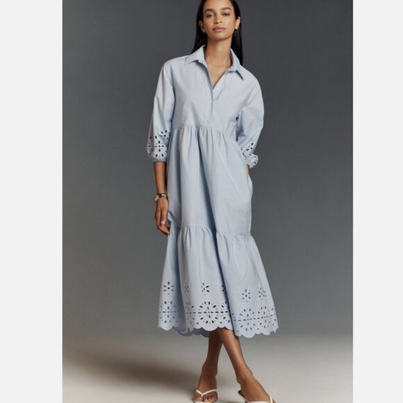 Anthropologie Dresses & Skirts - Anthropologie The Bettina Tiered Shirt Dress Maeve Eyelet Edition Blue M NWT